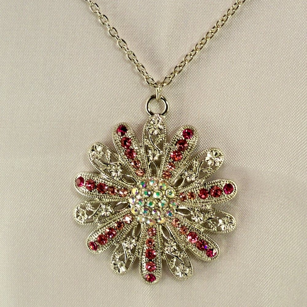 New Pink, Iridescent Crystals Flower Designer Necklace